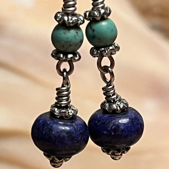 Lapis Lazuli & Turquoise Stone Earrings, Boho Gemstone Dangle Earrings - Picture 2 of 6